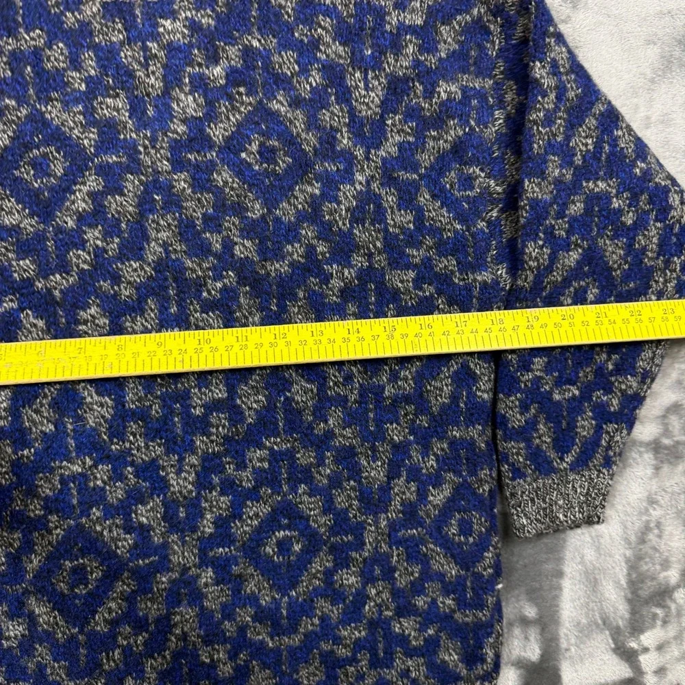 Benetton Sweater Mens 46 Blue Excellent Shetland Wool Geometric Mock Neck Italy